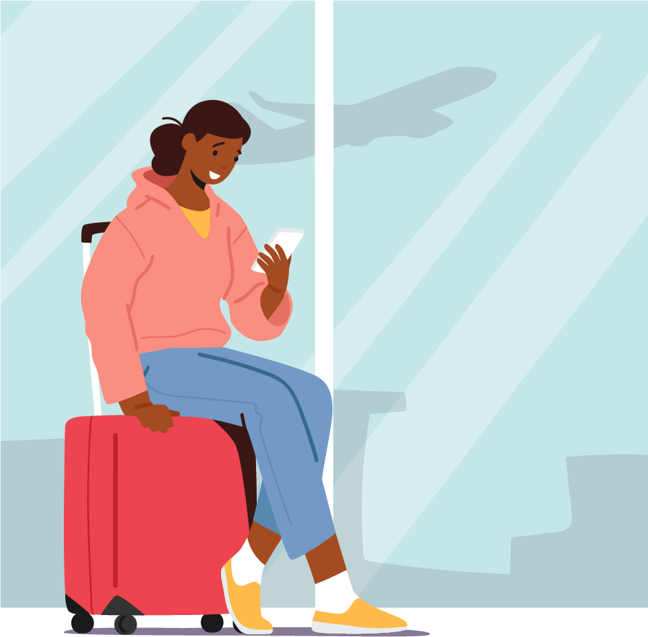 Air Trip Landing Page Template. Female Character Sit on Luggage Hold Smartphone in Hands Waiting Departure in Airport Terminal Area. Woman Passenger on Summer Vacation.