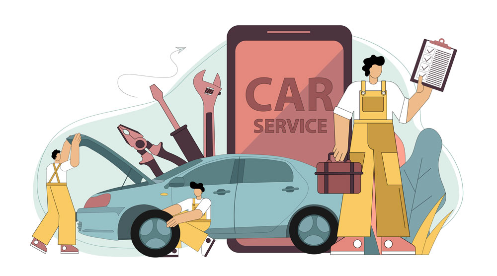 Vector. Online car service. Application for car service and repair. Full time service. Repairmen with tools and a tire. Vector flat illustration on white background