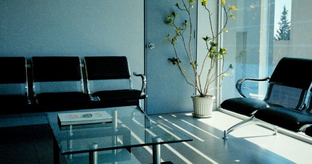 An empty waiting area with two banks of black beam seating, a magazine on a glass table, and a potted plant beside a full-height window casting stripes of sunlight across the floor